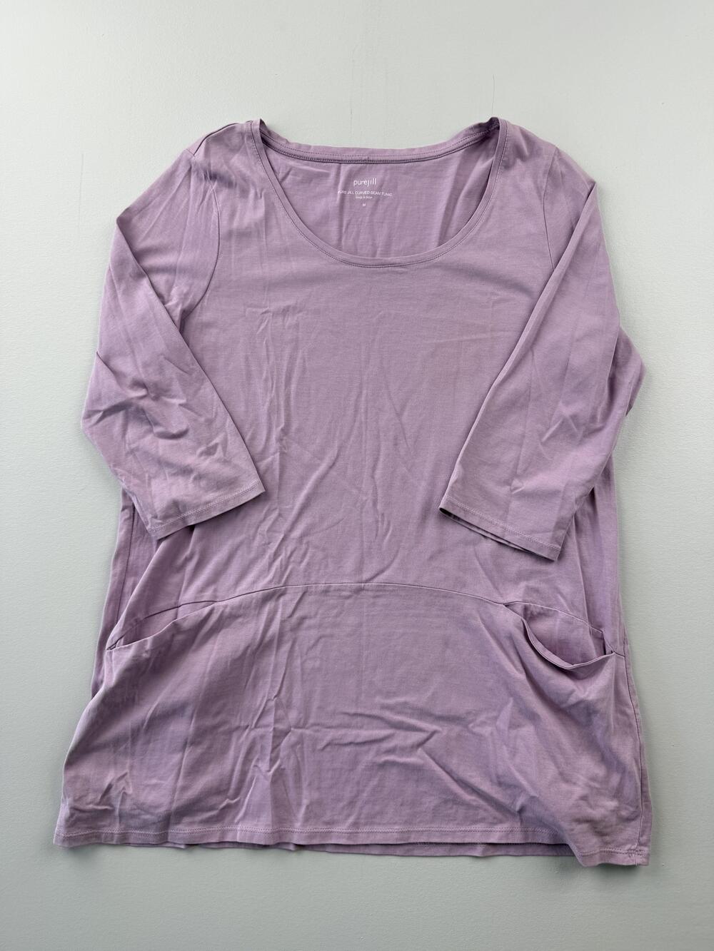 Pure Jill Tunic Top Womens Medium Purple Curved Seam Scoop Neck 3/4 Sleeve